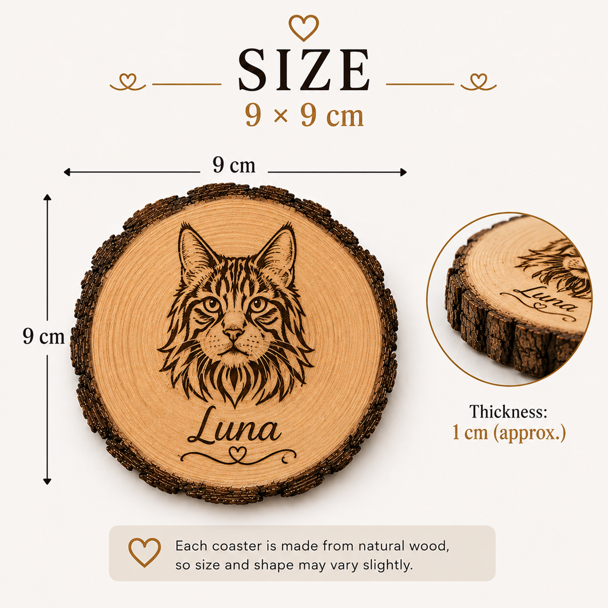 A product size graphic for a round wooden coaster featuring a laser-engraved cat portrait and the name 'Luna.' The main coaster is shown on a light beige background with dimension arrows marking it 9 cm by 9 cm, plus a small inset showing the wood thickness as 1 cm.