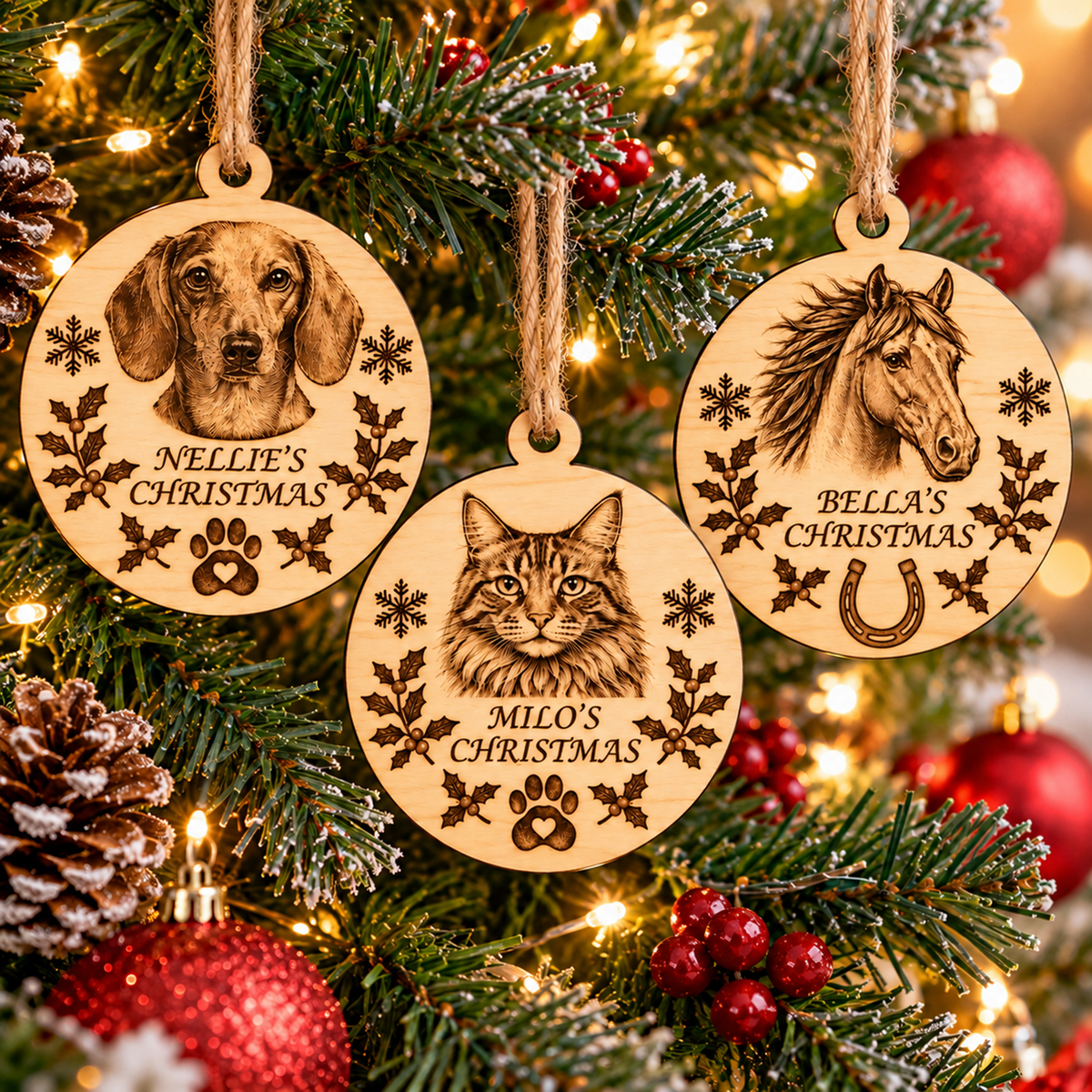 Three personalised wooden Christmas ornaments hanging on a decorated Christmas tree. The ornaments are round natural wood discs engraved with animal portraits, paw prints, holly leaves, snowflakes, and custom names under festive holiday motifs.