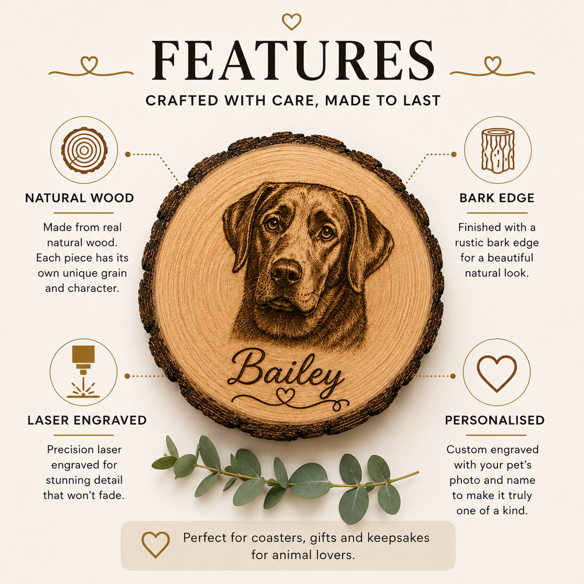 An informational graphic titled 'FEATURES' showing a round natural wood slice with a engraved dog portrait and the name 'Bailey.' The design includes callouts for 'Natural Wood,' 'Bark Edge,' 'Laser Engraved,' and 'Personalised,' plus a banner at the bottom that says it is 'Perfect for coasters, gifts, and keepsakes for animal lovers.