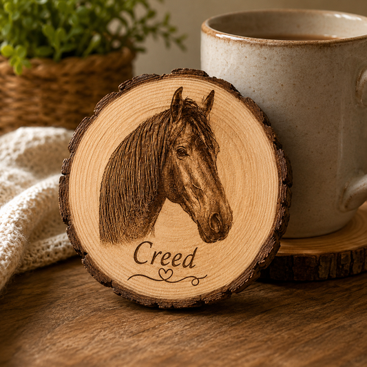 A round wooden coaster featuring a laser-engraved portrait of a horse and the name 'Creed', styled on a wooden table next to a ceramic mug and a potted plant.