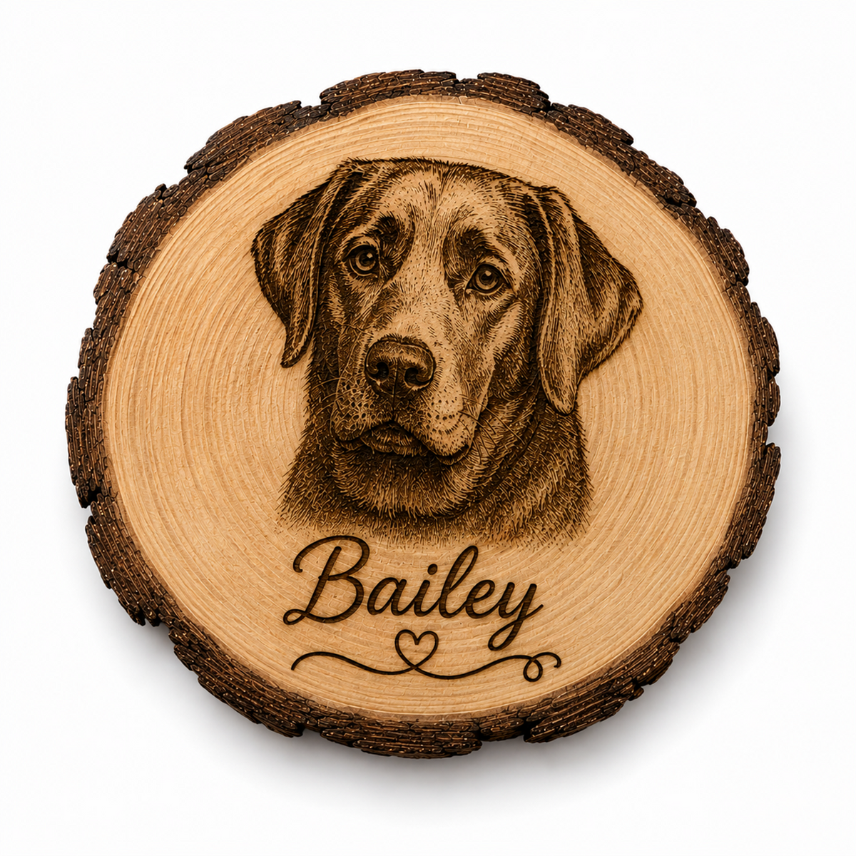 A round wooden plaque featuring a laser-engraved portrait of a Labrador Retriever with the name 'Bailey' and a small heart below, set against a clean white background.