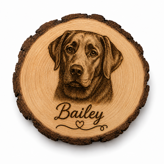 A round wooden plaque featuring a laser-engraved portrait of a Labrador Retriever with the name 'Bailey' and a small heart below, set against a clean white background.