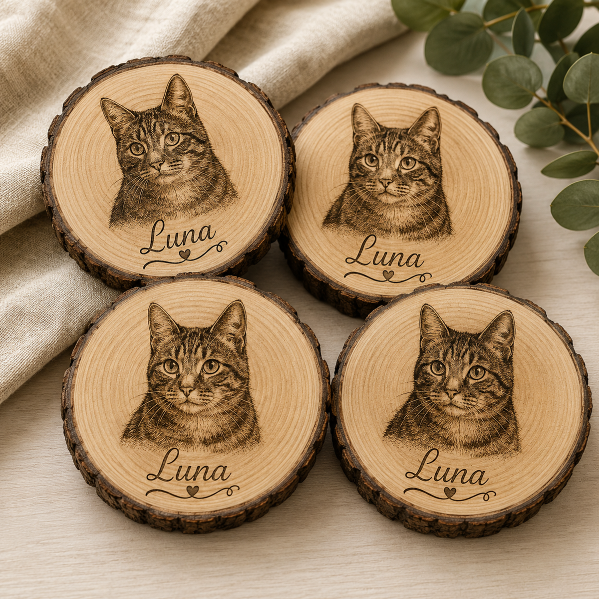 Four round wooden slice coasters with engraved tabby cat portraits and the name 'Luna' on each, arranged on a light wood surface with beige fabric and green leaves in the background.