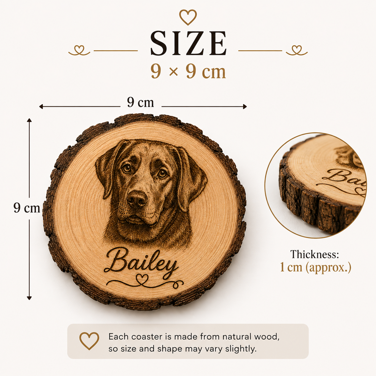 A wooden round coaster with a dog portrait and the name 'Bailey' engraved, shown with size annotations reading 9 x 9 cm and a thickness of 1 cm, on a light beige background.