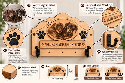 A wooden personalised dog lead station shown on a white background with callout circles and text explaining features such as laser-engraved dog photo, paw prints, custom wording, decorative paw prints, premium wood, size, hook options, and quality hooks.