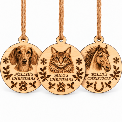Three personalised round wooden Christmas ornaments hanging side by side, engraved with dog, cat, and horse portraits, paw prints, holly leaves, snowflakes, and names reading Nellie's Christmas, Milo's Christmas, and Bella's Christmas.
