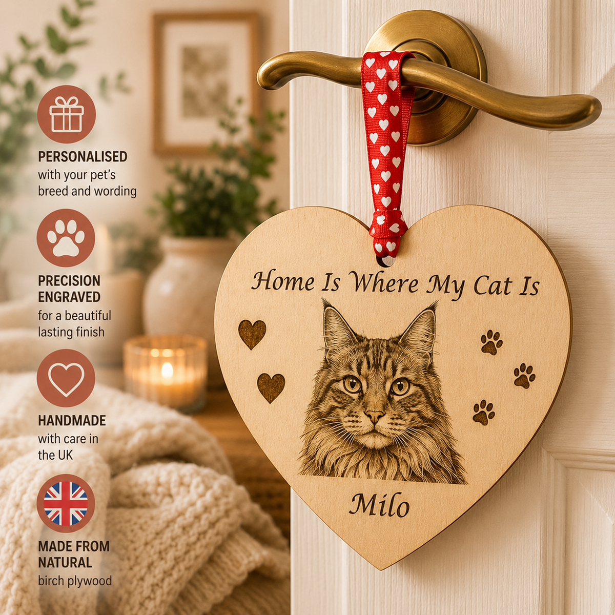 Personalised wooden heart decoration engraved with cat design, Home is where my cat is - Milo