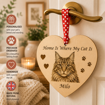 Personalised wooden heart decoration engraved with cat design, Home is where my cat is - Milo