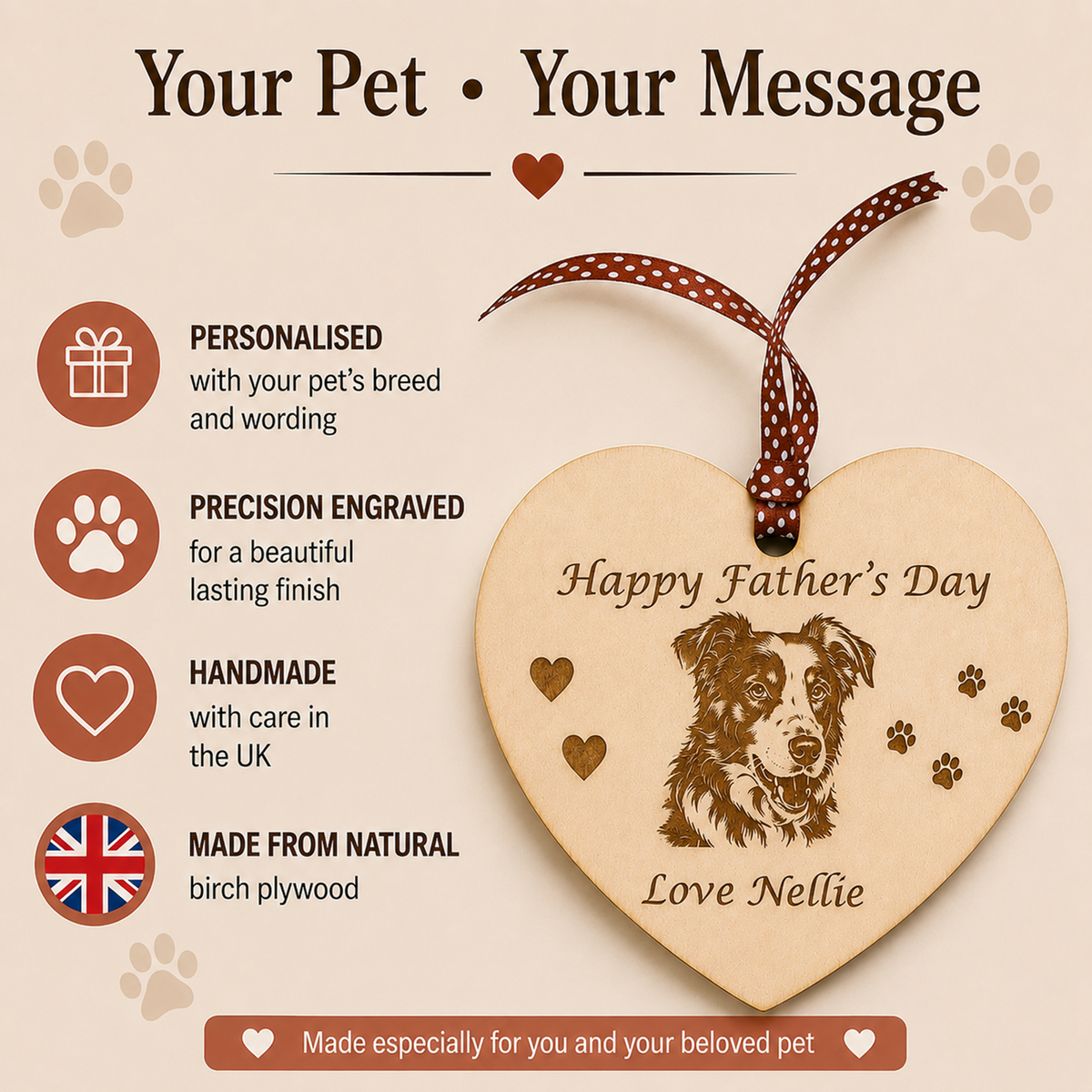 Personalised wooden heart decoration engraved with Border Collie design, Happy Father’s Day and Love Nellie