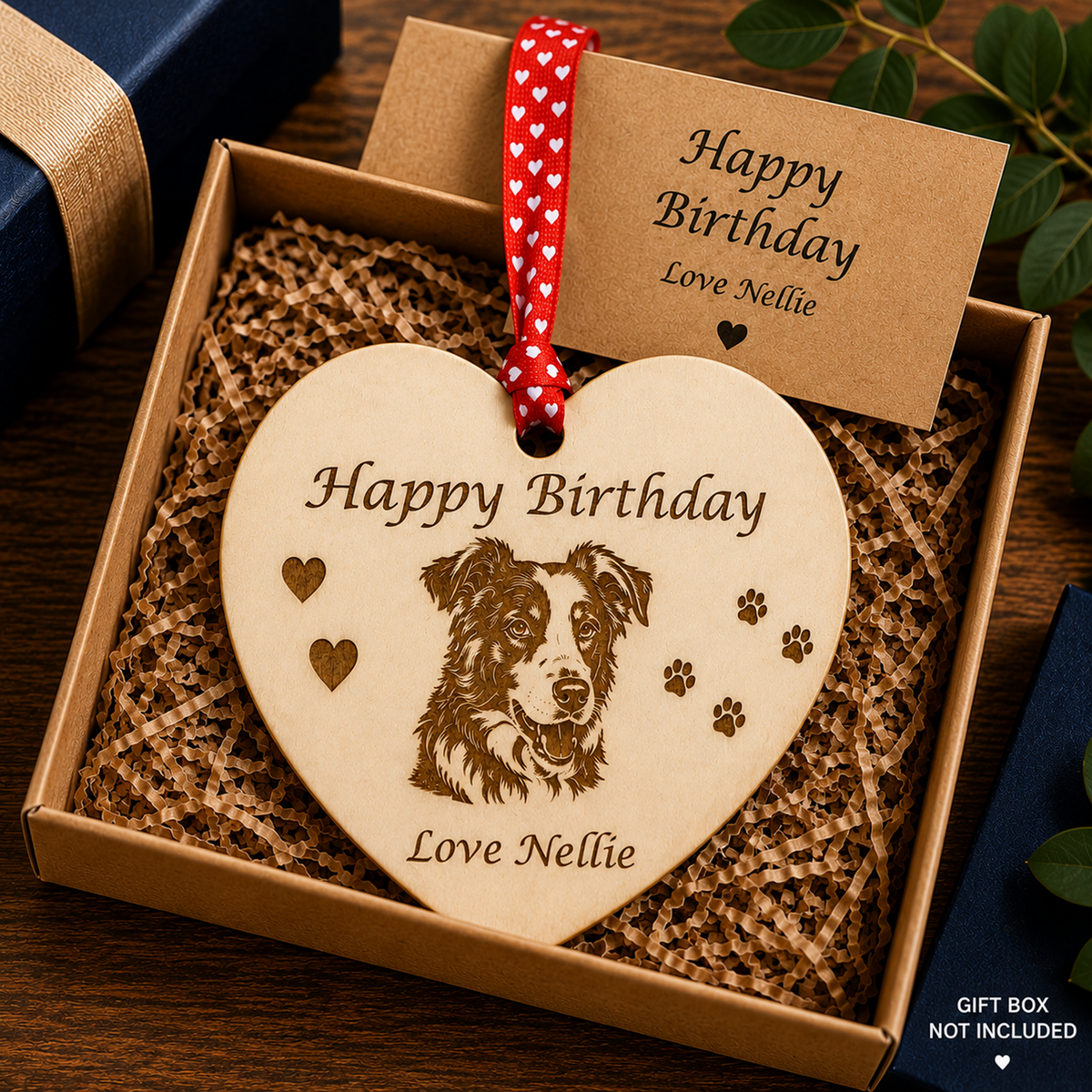 Personalised wooden heart decoration engraved with Border Collie design, Happy Father’s Day and Love Nellie