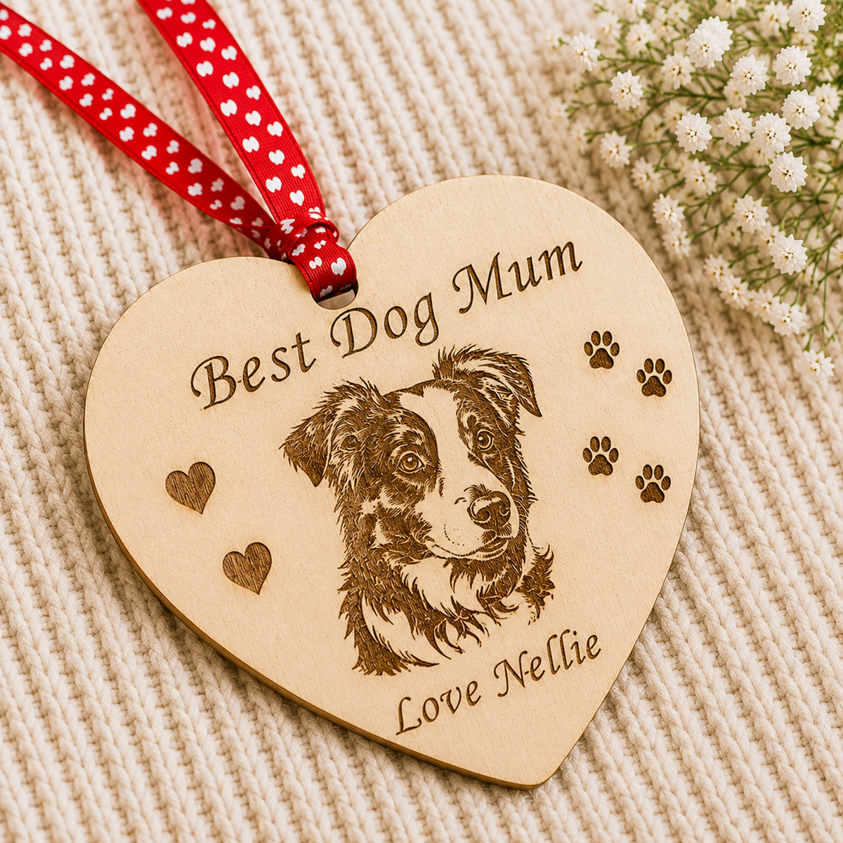 Personalised wooden heart decoration engraved with Border Collie design, Happy Father’s Day and Love Nellie