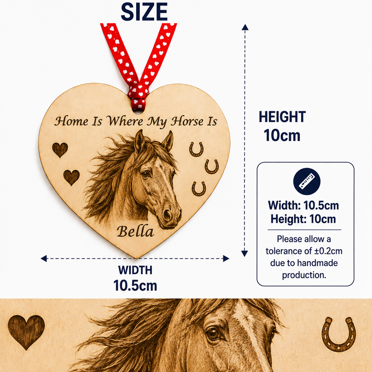 Personalised wooden heart decoration engraved with horse head design, showing size details