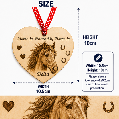 Personalised wooden heart decoration engraved with horse head design, showing size details