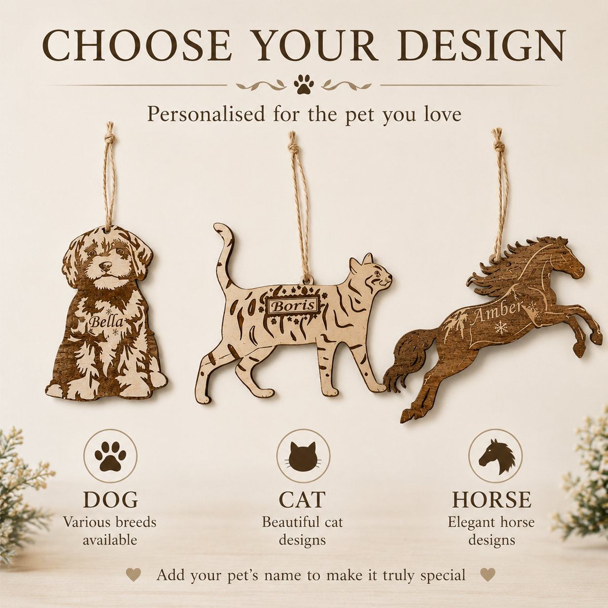Personalised Wooden Pet Christmas Decoration – Dog, Cat or Horse