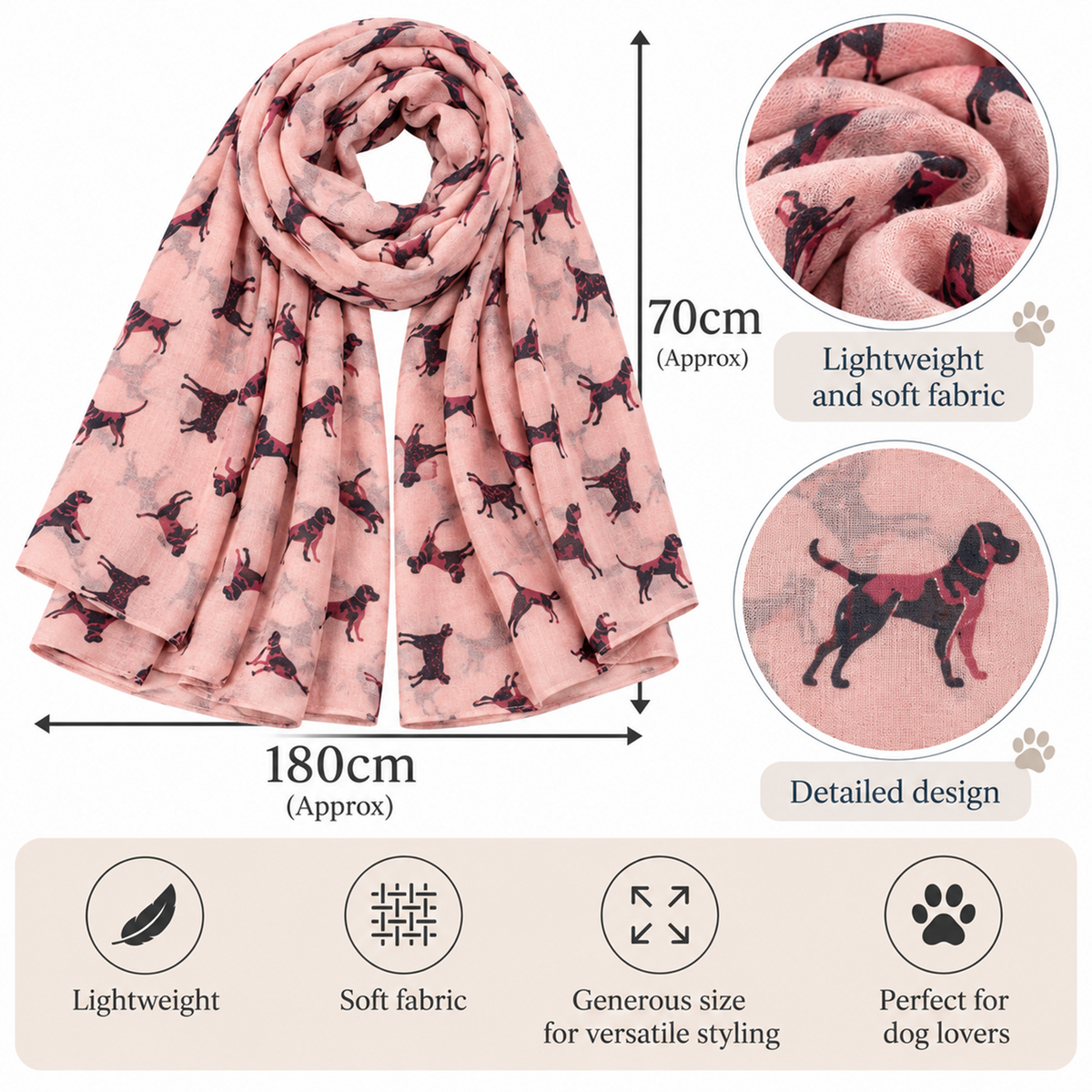 Pink lightweight scarf with a repeating black and brown dog print, shown with dimension labels (180cm by 70cm) and circular inset details highlighting soft fabric, lightweight texture, and detailed dog illustrations.