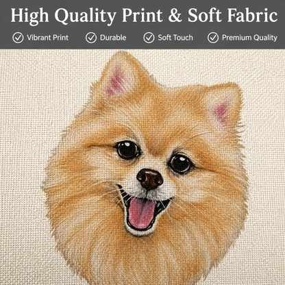 A close-up of a soft, textured fabric featuring a printed illustration of a fluffy Pomeranian dog face. A dark gray banner at the top contains white text reading 'High Quality Print & Soft Fabric' with quality checkmarks: 'Vibrant Print', 'Durable', 'Soft Touch', and 'Premium Quality'.