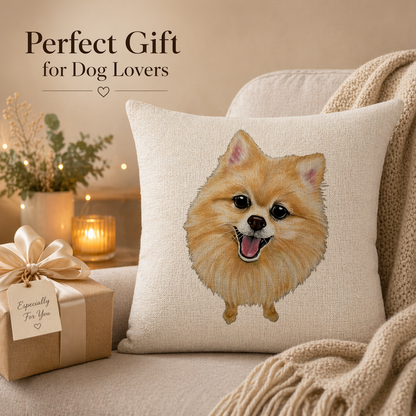 A square cream throw pillow with a printed fluffy golden Pomeranian dog face, styled on a beige sofa with a knitted blanket and a wrapped gift box. Text at the top reads 'Perfect Gift for Dog Lovers'.