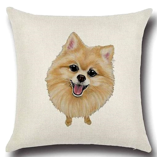 Pillow with a Pomeranian dog illustration on a beige background