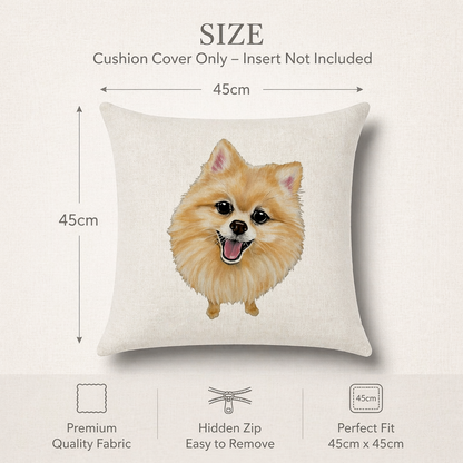 A square throw pillow cover shown on a light beige background with size annotations. The cover is off-white with a printed illustration of a fluffy golden Pomeranian dog.