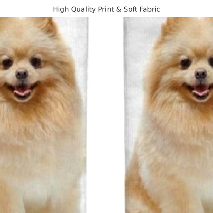 A split-screen comparison showing a fluffy cream and tan Pomeranian dog socks on the left and a close-up of the same dog on the right, with the text 'High Quality Print & Soft Fabric' at the top.