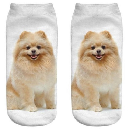 Two socks with a Pomeranian dog printed on them against a white background