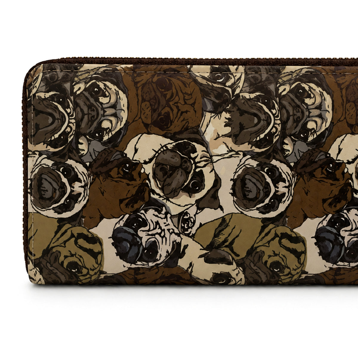 A zip-around wallet featuring an all-over illustrated pattern of pug dog faces in shades of brown, beige, black, and olive green, shown against a plain white background.