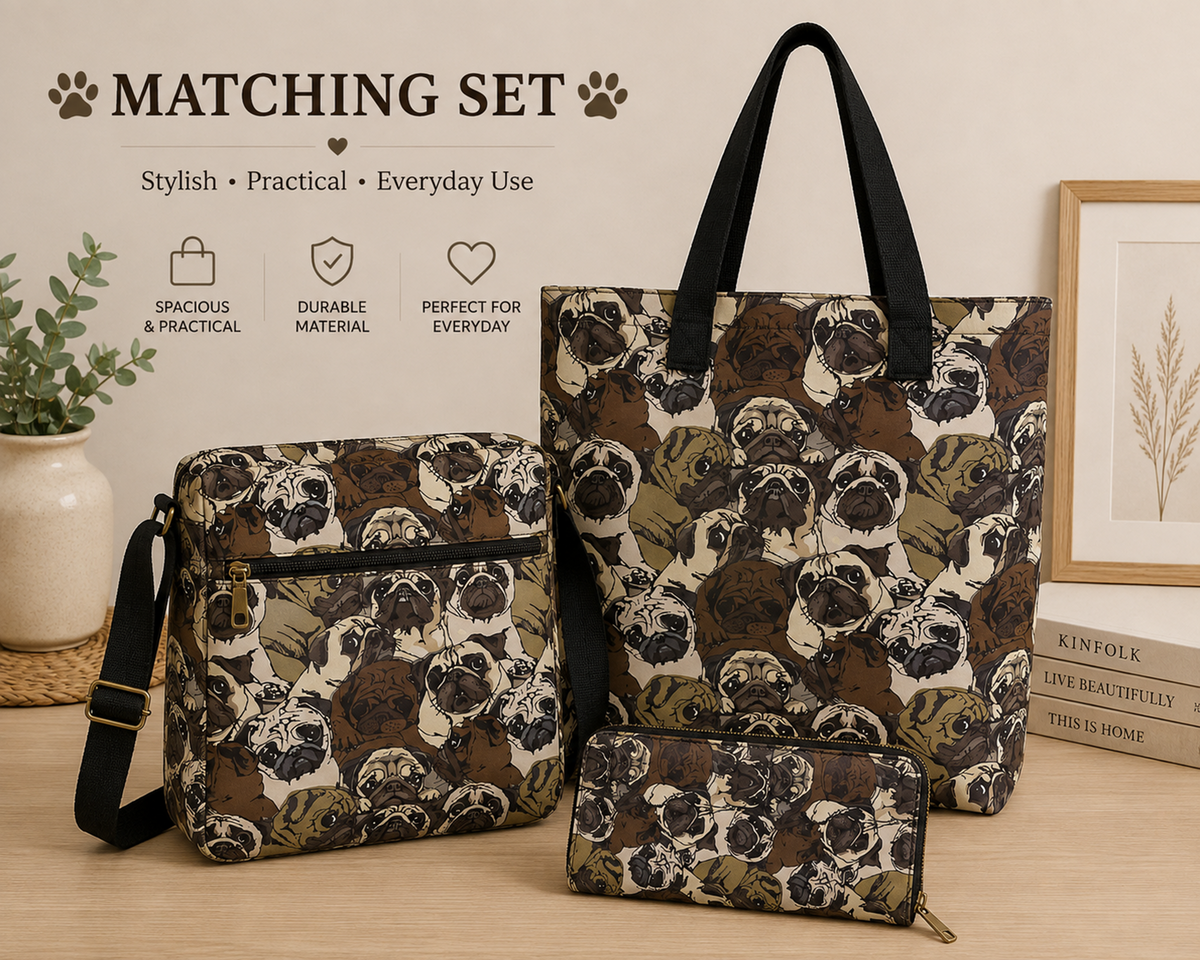 A matching three-piece handbag set featuring a pug dog print, displayed on a light wood surface with decorative props. The set includes a large tote bag, a shoulder bag, and a zip-around wallet, all in a brown, beige, and black pug pattern.