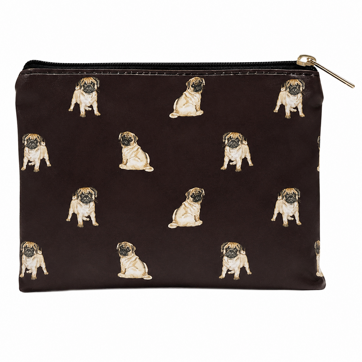 A black zipped cosmetic bag featuring an all-over print of pug dogs in a light beige and brown colour scheme, with a gold-tone metal zipper pull.