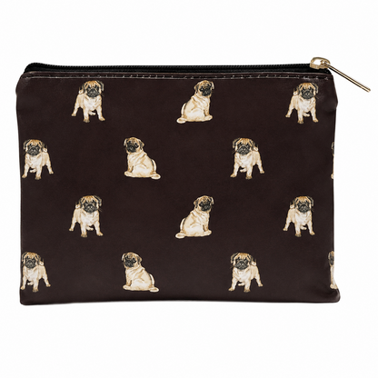 A black zipped cosmetic bag featuring an all-over print of pug dogs in a light beige and brown colour scheme, with a gold-tone metal zipper pull.
