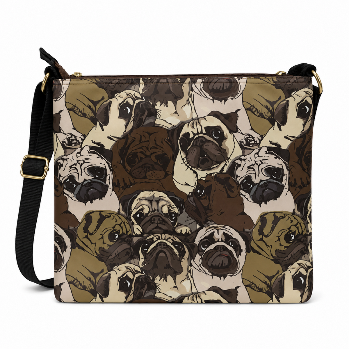 A square shoulder bag with a black adjustable strap and gold-tone hardware, featuring an all-over print of illustrated pug dog faces in shades of brown, beige, and cream on a white background.