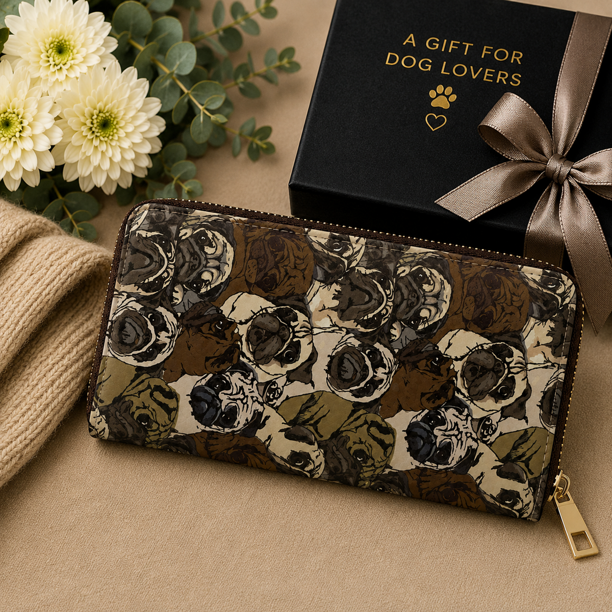A zip-around wallet with an all-over pug dog print, styled next to a black gift box with gold lettering and a brown ribbon, with flowers and a knit sleeve in the background.