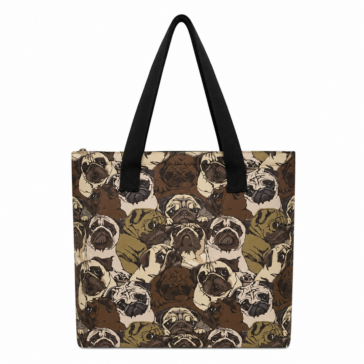 A tote bag featuring an all-over print of pug dog faces in shades of brown, beige, and olive green, with solid black shoulder straps, shown against a plain white background.