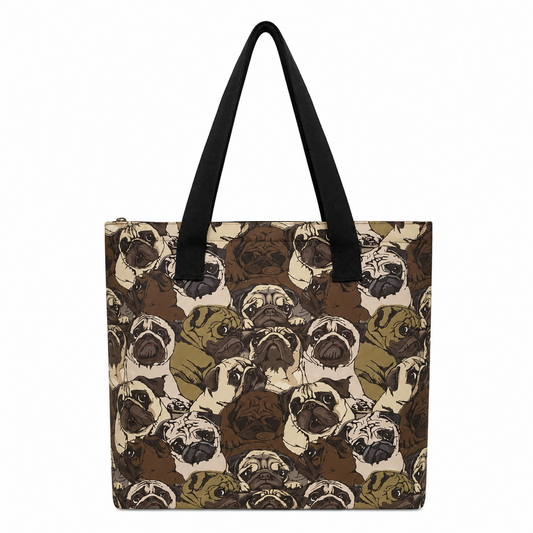 A tote bag featuring an all-over print of pug dog faces in shades of brown, beige, and olive green, with solid black shoulder straps, shown against a plain white background.