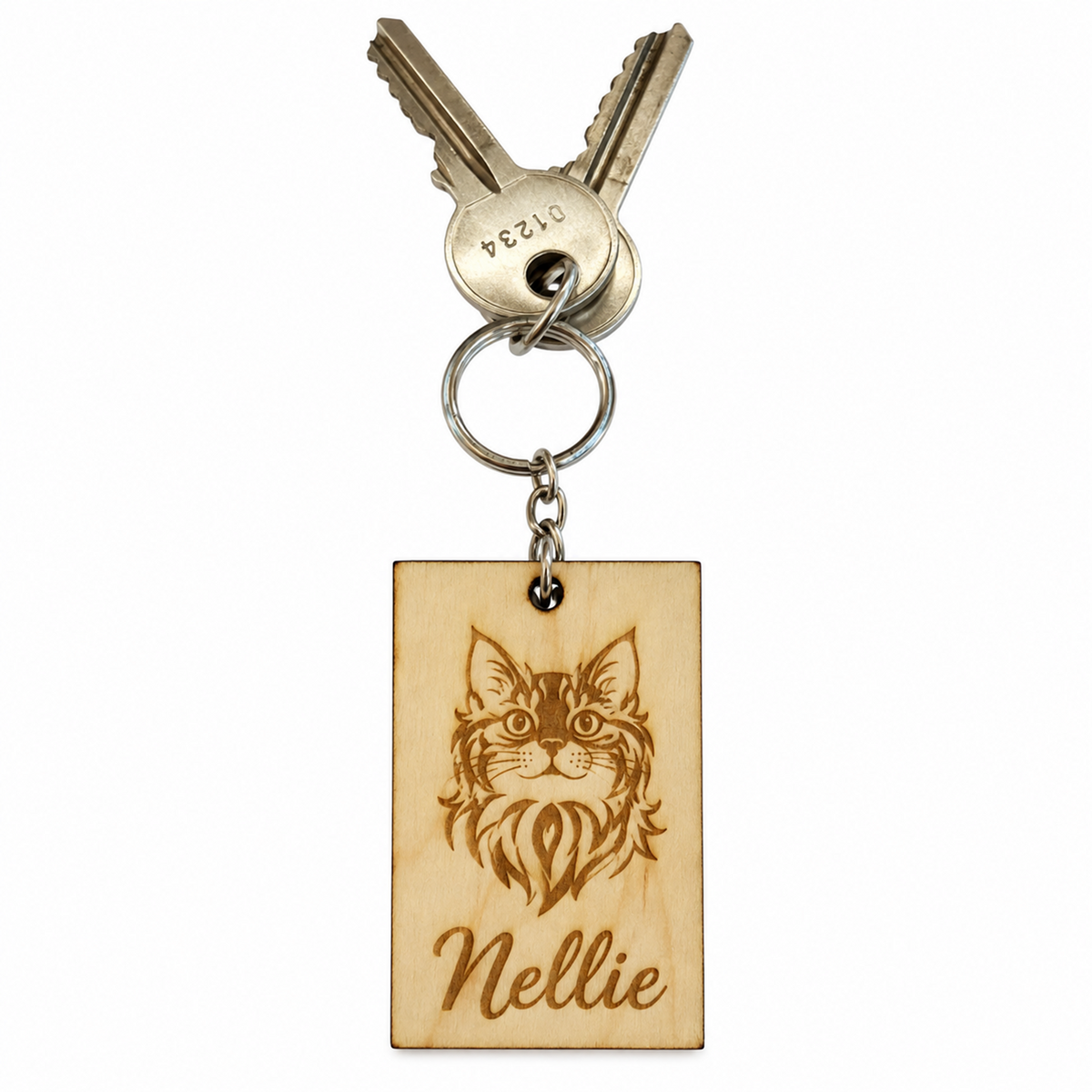 A personalised wooden keychain featuring a laser-engraved cat portrait and the name 'Nellie', attached to a metal keyring with two keys, shown on a plain white background.