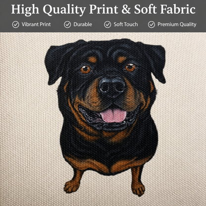 A close-up of a fabric surface featuring a printed illustration of a Rottweiler dog on a beige woven textile. A dark gray banner at the top reads 'High Quality Print & Soft Fabric' with feature checkmarks: 'Vibrant Print,' 'Durable,' 'Soft Touch,' and 'Premium Quality.
