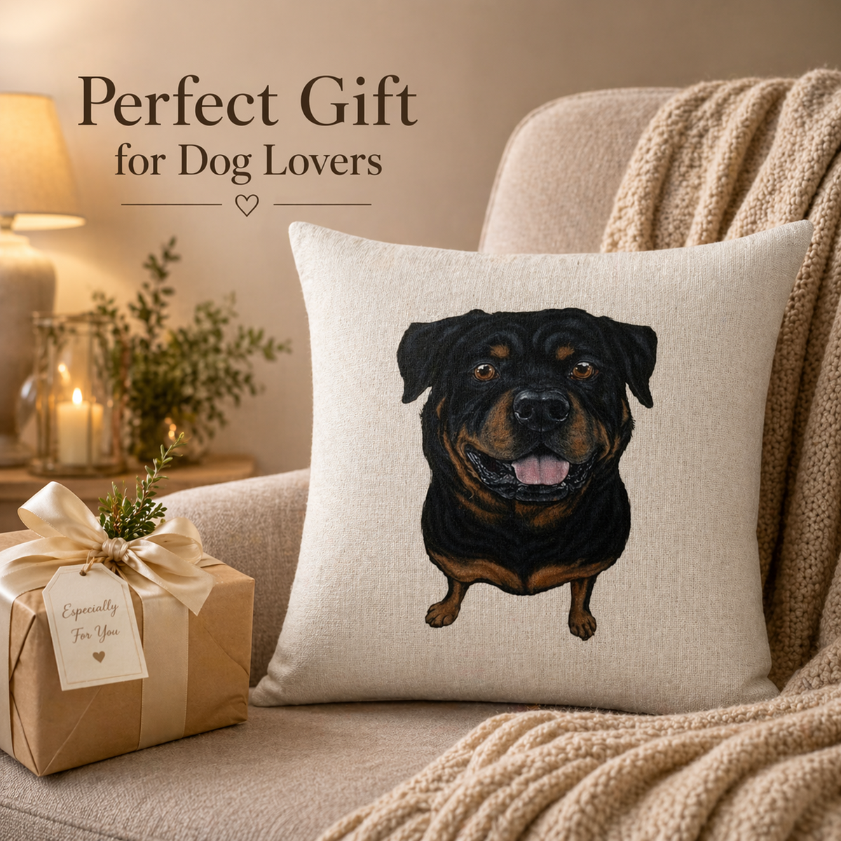 A square cream throw cushion cover featuring a detailed embroidered Rottweiler dog face, styled on a beige armchair next to a wrapped gift box with a bow. The scene is warmly lit with cosy background décor, and text in the upper left reads 'Perfect Gift for Dog Lovers'.