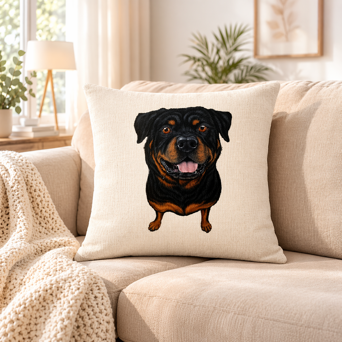A square cream cushion cover featuring a detailed illustration of a Rottweiler dog, styled on a beige sofa in a cosy living room setting.