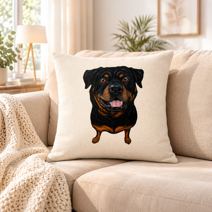 A square cream cushion cover featuring a detailed illustration of a Rottweiler dog, styled on a beige sofa in a cosy living room setting.