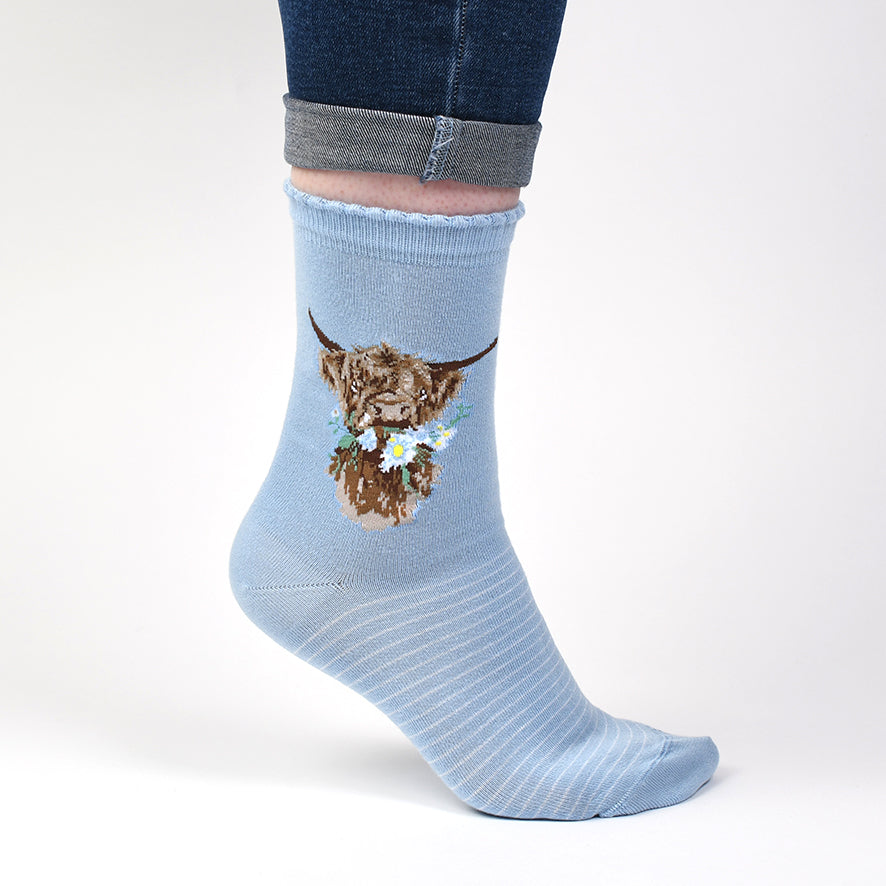 Light blue sock with a highland cow design worn by a person on a white background