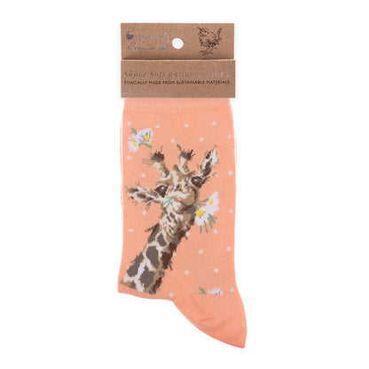 Sock with giraffe design on a peach background, displayed with packaging.