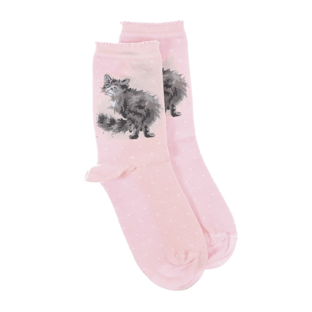 Pink socks with a cat design on a white background