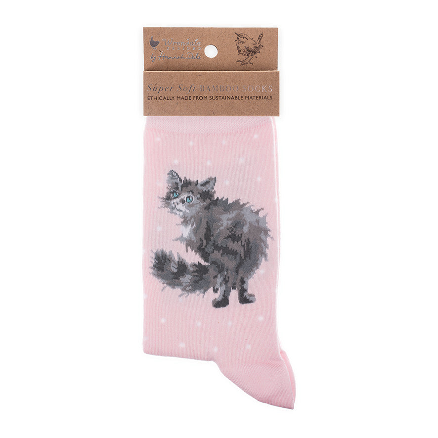 Pink sock with a cat design in packaging on a white background