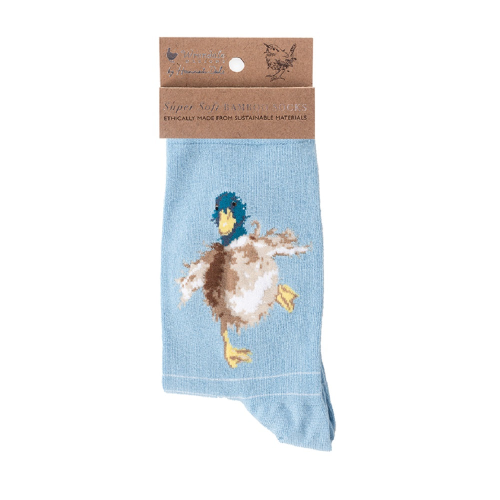Light blue sock with a duck design on a white background