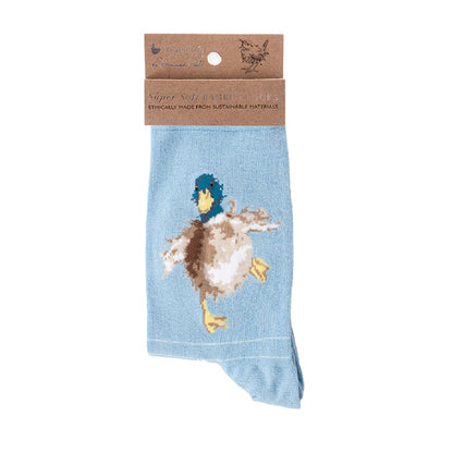 Light blue sock with a duck design on a white background