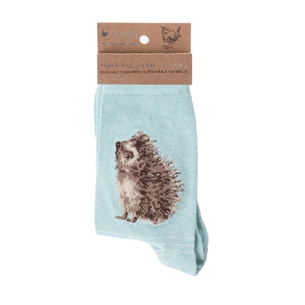 Light blue sock with hedgehog design and packaging on a white background