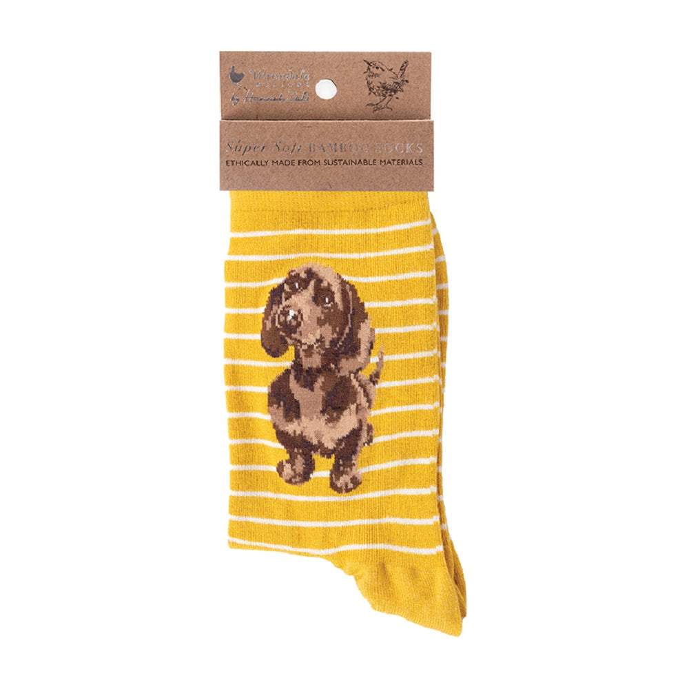 Yellow striped sock with a dachshund design on a white background