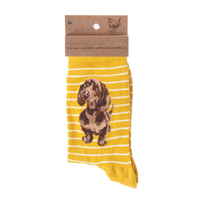 Yellow striped sock with a dachshund design on a white background