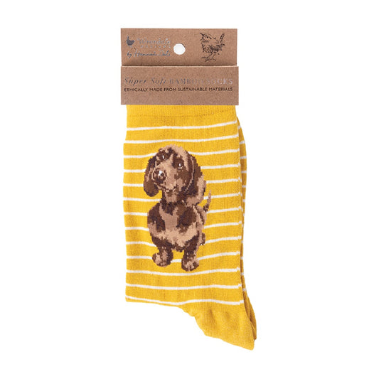 Yellow striped sock with a dachshund design on a white background