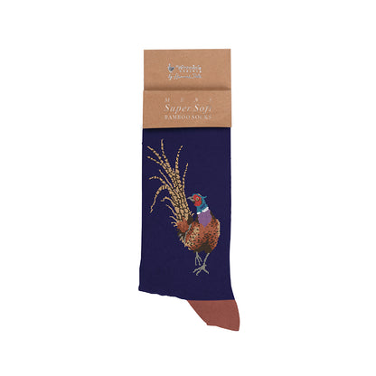 Navy sock with pheasant design and packaging on a white background