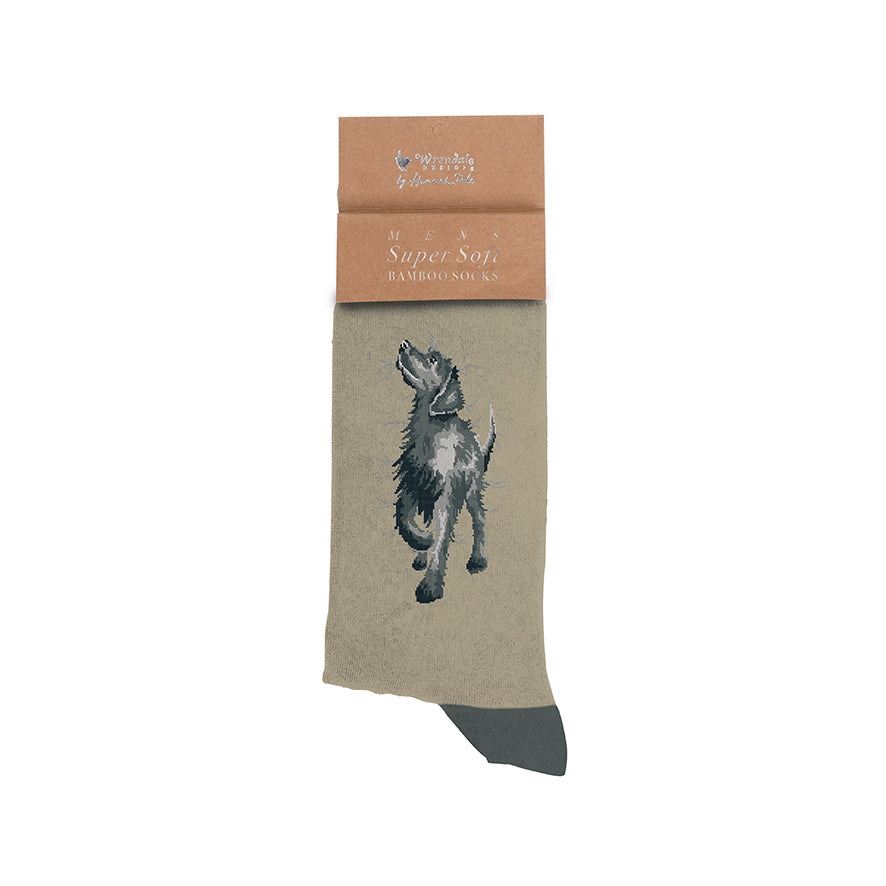 Men's super soft bamboo socks with a wolf design on a beige background, featuring a branded packaging label.